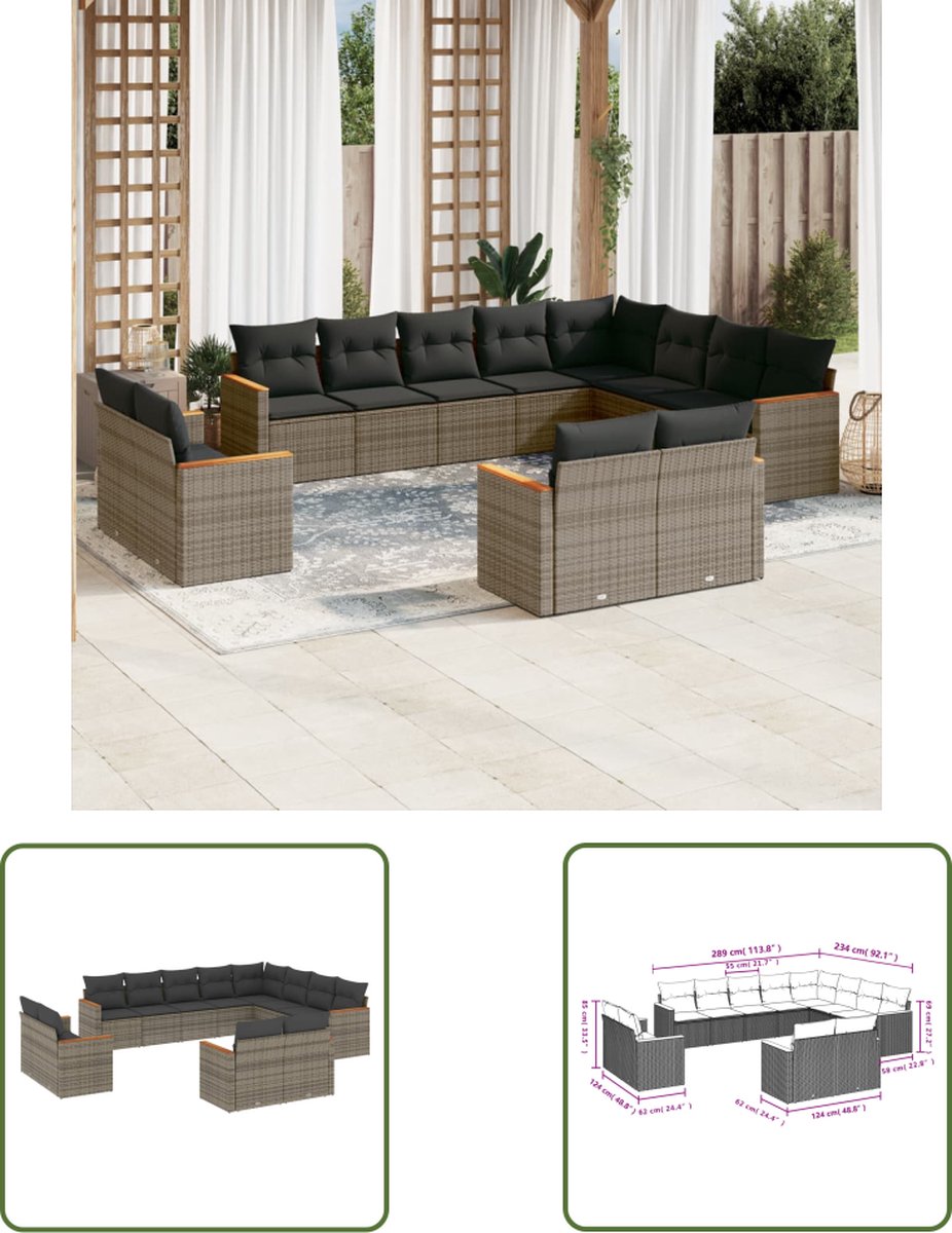 The Living Store 12-delige Loungeset met kussens poly rattan grijs - Loungebank - Tuinset - Lounge Set - PE Rattan - Outdoor Furniture