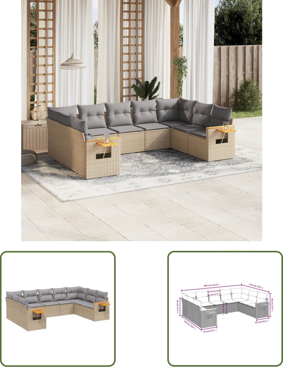 The Living Store 9-delige Loungeset met kussens poly rattan beige - Loungeset - Tuinset - Lounge Set - Buitendecoratie - Tuinmeubels