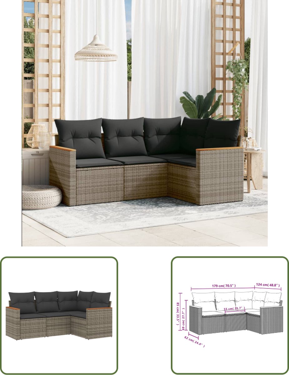 The Living Store 4-delige Loungeset met kussens poly rattan grijs - Loungebank - Lounge Set - Tuinset - Buitendiner - Tuinbank