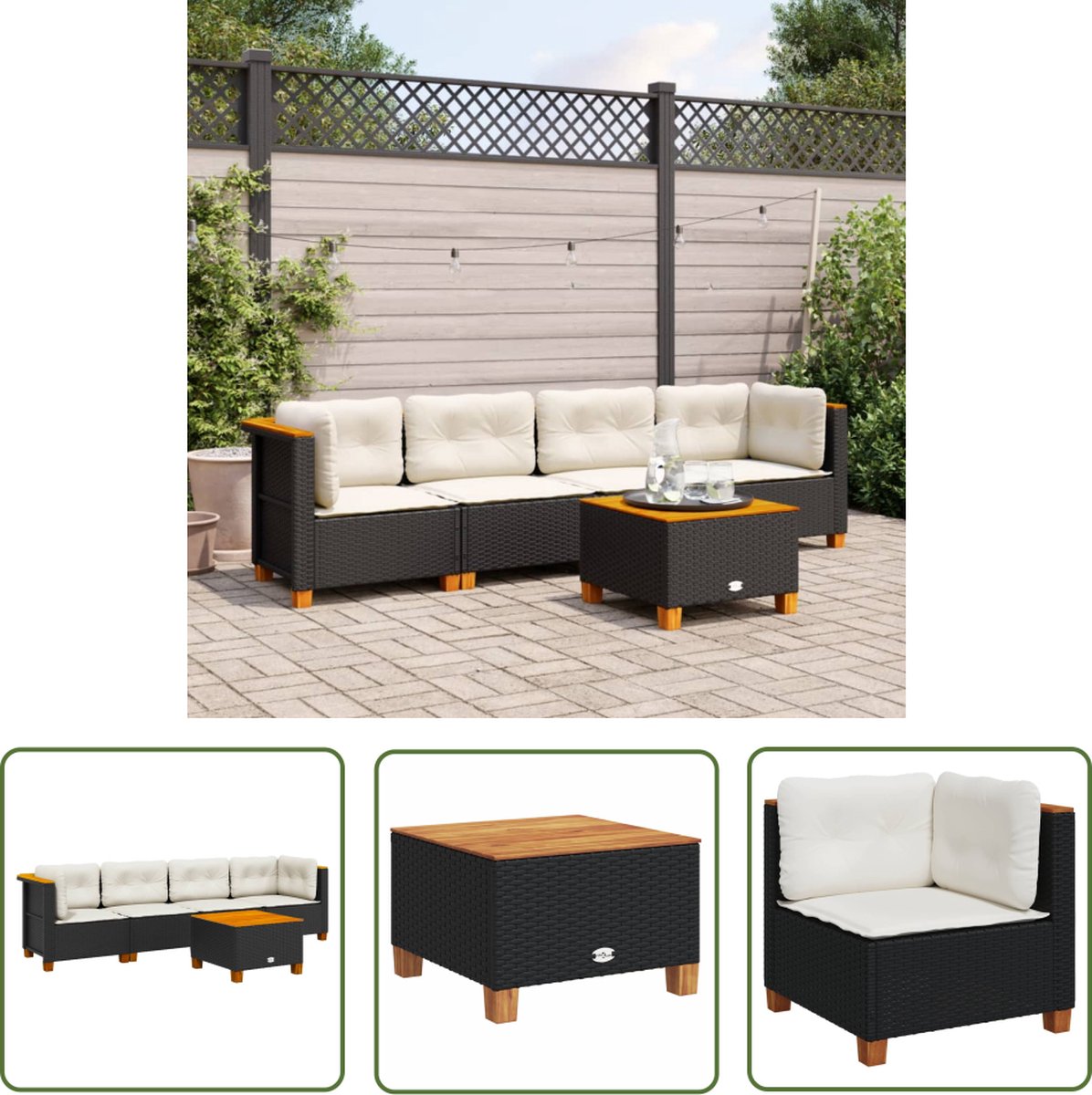 The Living Store 5-delige Loungeset met kussens poly rattan zwart - Loungeset - Lounge Set - Buitendecoratie - Tuinmeubels - Loungebank