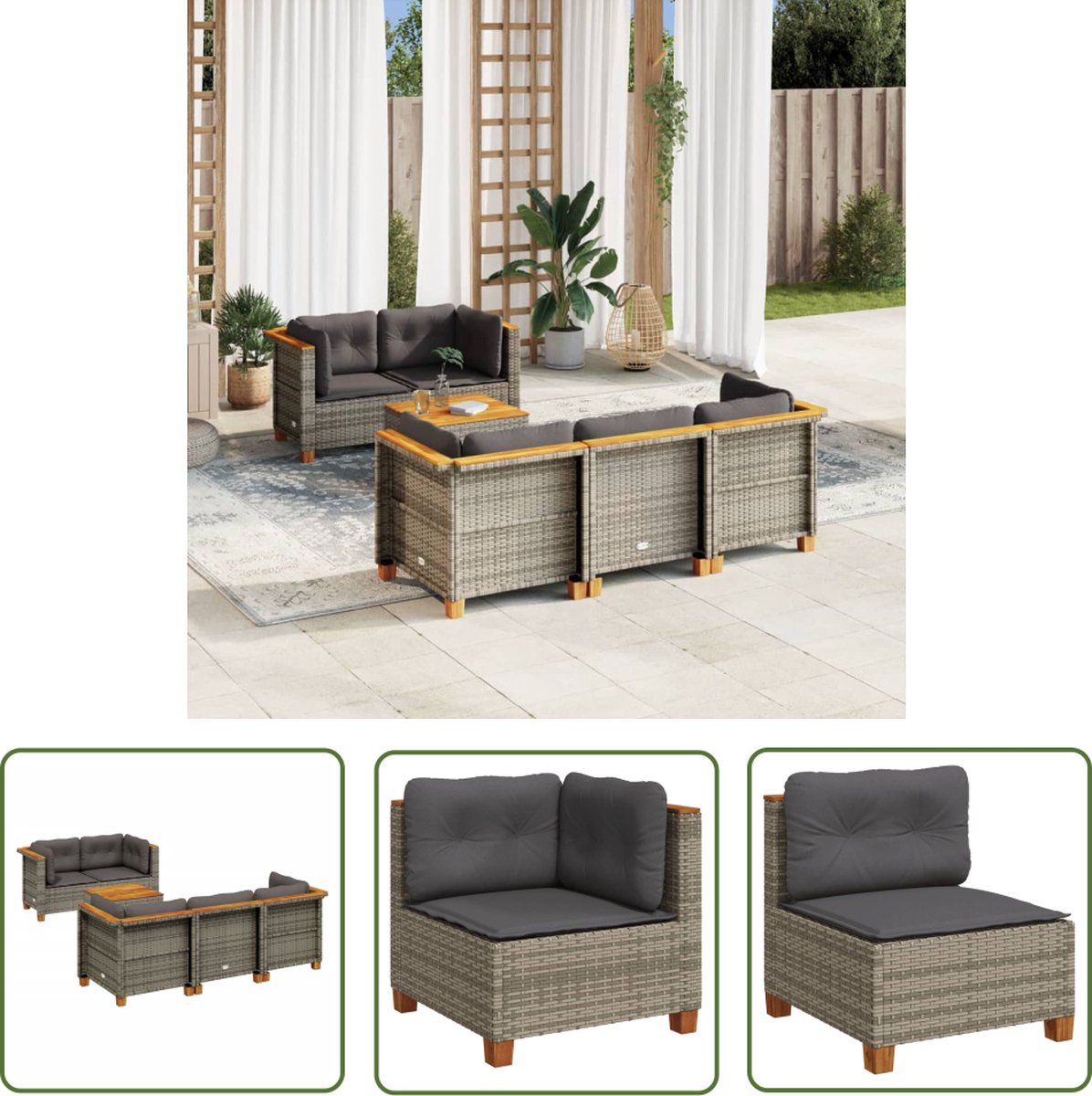 The Living Store 6-delige Loungeset met kussens poly rattan grijs - Loungeset - Tuinmeubels - Lounge Set - PE-rattan - Outdoor Furniture