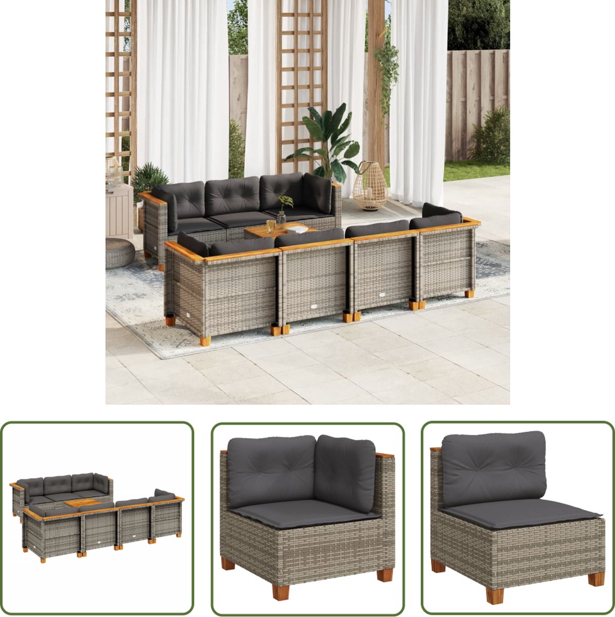 The Living Store 8-delige Loungeset met kussens poly rattan grijs - Loungebank - Lounge Set - Buitendecoratie - Tuinmeubels - Loungestoel
