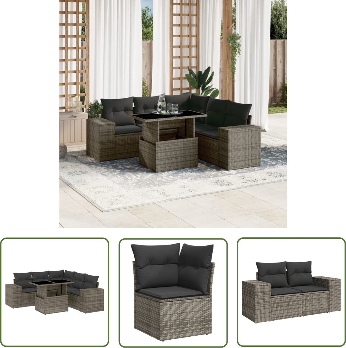 The Living Store 6-delige Loungeset met kussens poly rattan grijs - Loungeset - Tuinmeubels - Lounge Set - Buitendecoratie - Outdoor Furniture