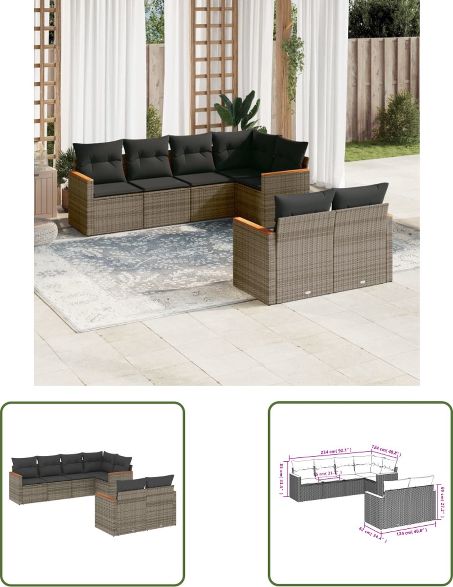 The Living Store 7-delige Loungeset met kussens poly rattan grijs - Loungeset - Tuinset - Lounge - Outdoor Furniture - Tuinmeubels