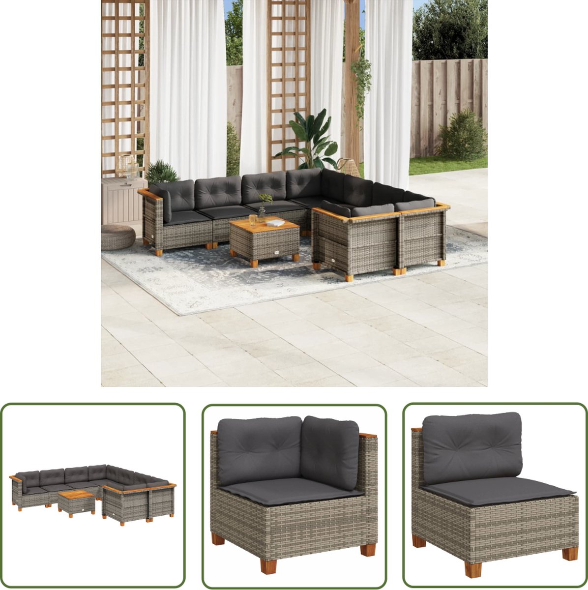 The Living Store 9-delige Loungeset met kussens poly rattan grijs - Tuin Lounge Set - Loungebank - PE Rattan - Outdoor Furniture - Buitendecoratie