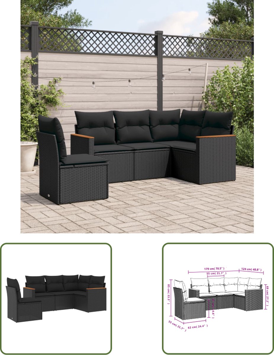 The Living Store 5-delige Loungeset met kussens poly rattan zwart - Loungeset - Tuinset - PE-rattan - Outdoor Furniture - Tuinmeubels