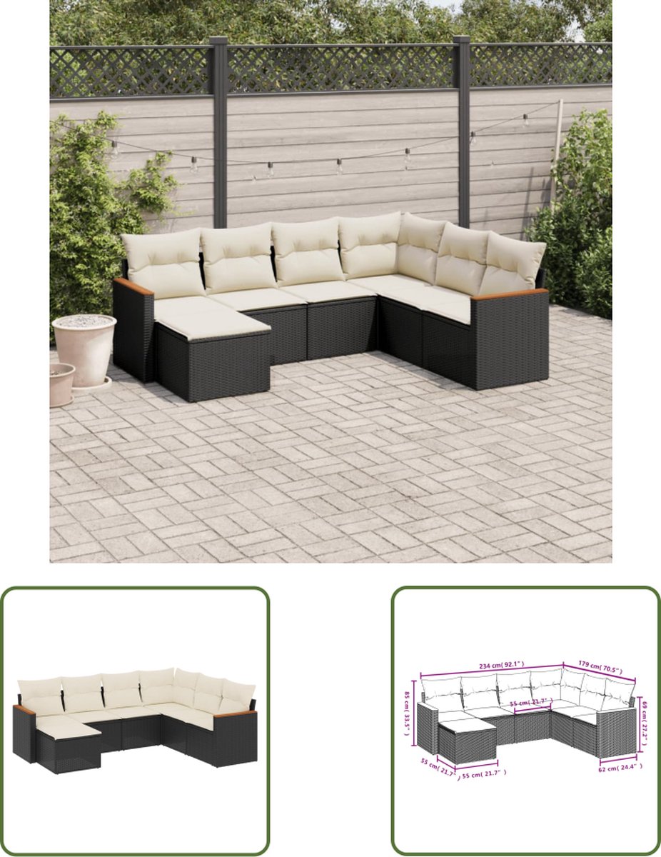 The Living Store 7-delige Loungeset met kussens poly rattan zwart - Loungeset - Tuinlounge - Lounge Set - Outdoor Furniture - Pe Rattan