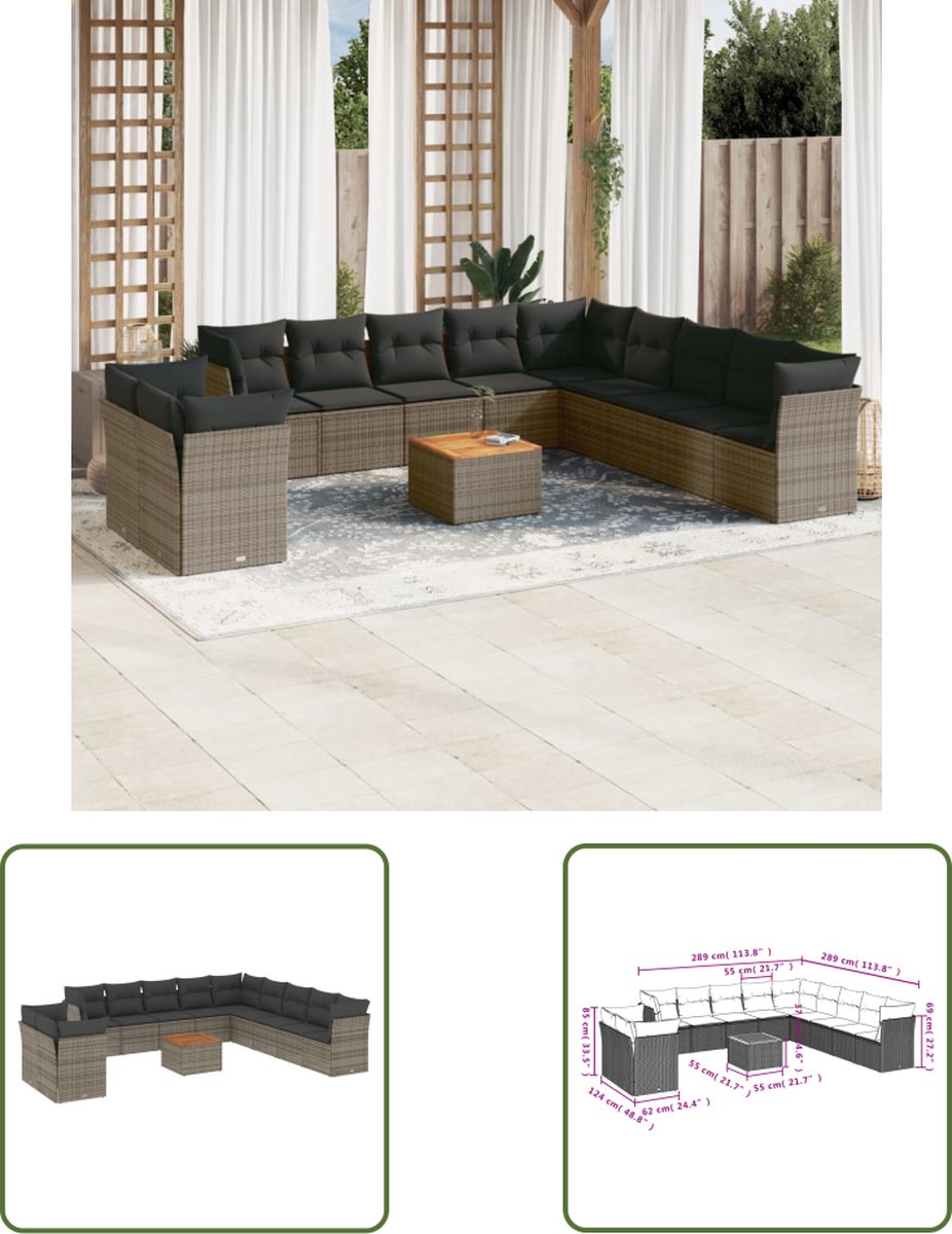 The Living Store 12-delige Loungeset met kussens poly rattan grijs - Loungebank - Lounge Set - Tuinmeubels - Buitendecoratie - Outdoor Furniture