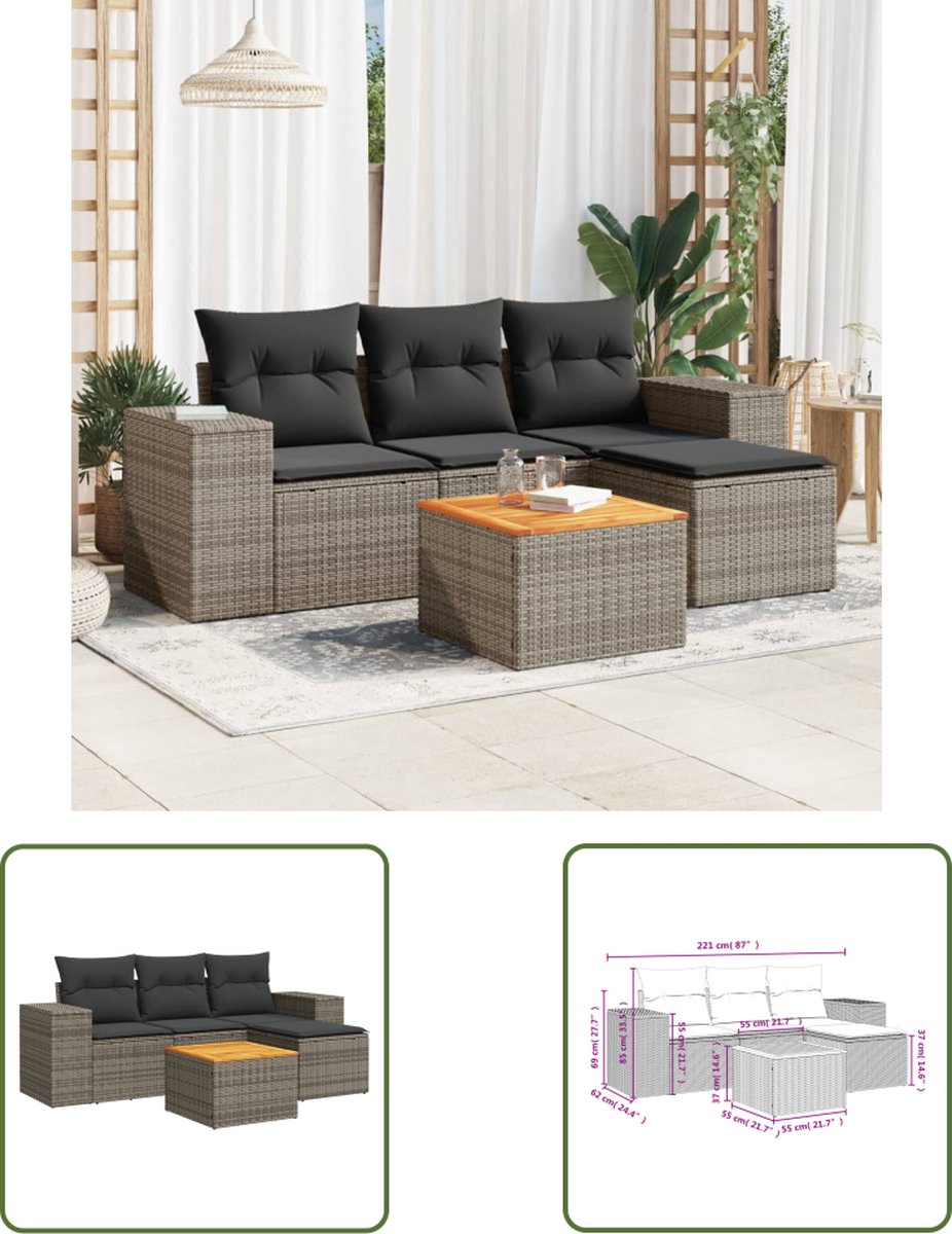 The Living Store 5-delige Loungeset met kussens poly rattan grijs - Loungeset - Tuinlounge - Loungemeubels - Buitendecoratie - Outdoorliving