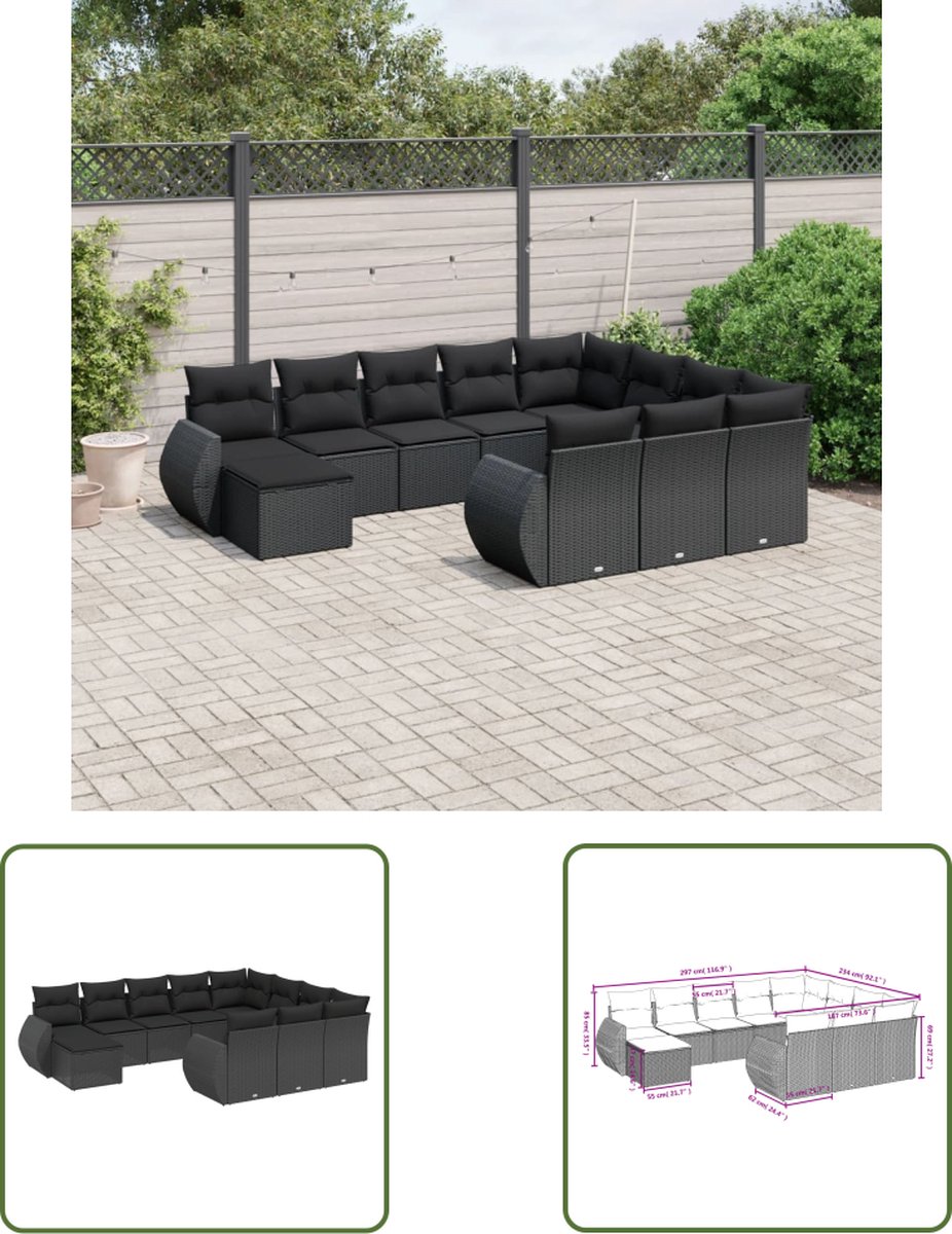 Zwarte poly rattan loungeset met kussens voor buiten - Tuinmeubels.