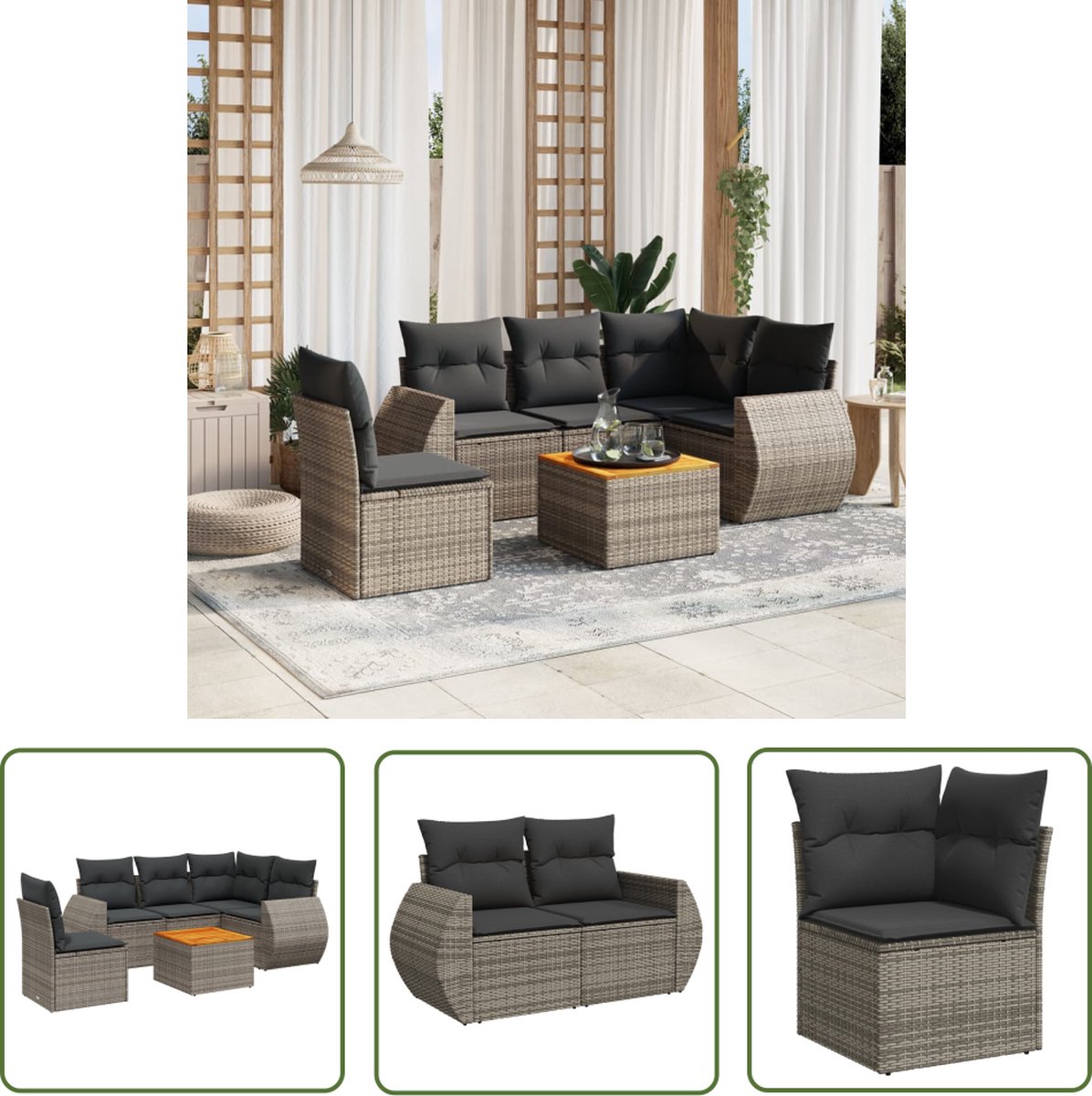 The Living Store 6-delige Loungeset met kussens poly rattan grijs - Loungeset - Tuinmeubels - Lounge Set - Buitendecoratie - Pe Rattan