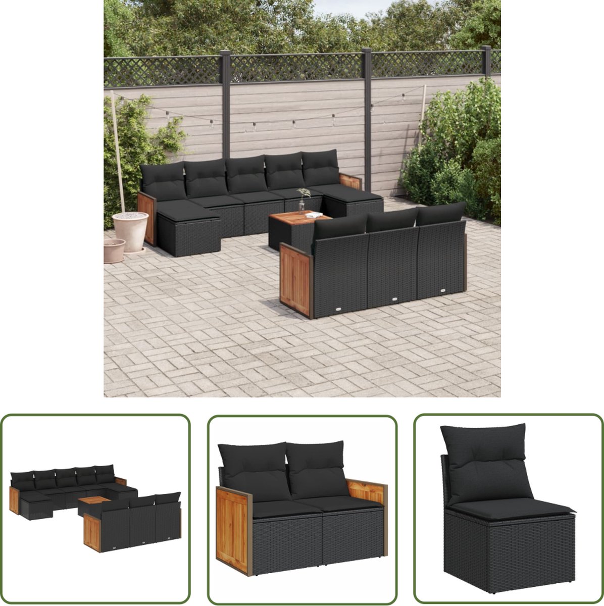 The Living Store 11-delige Loungeset met kussens poly rattan zwart - Loungeset - Lounge Set - Buitendecoratie - Tuinmeubels - Ratan Meubel