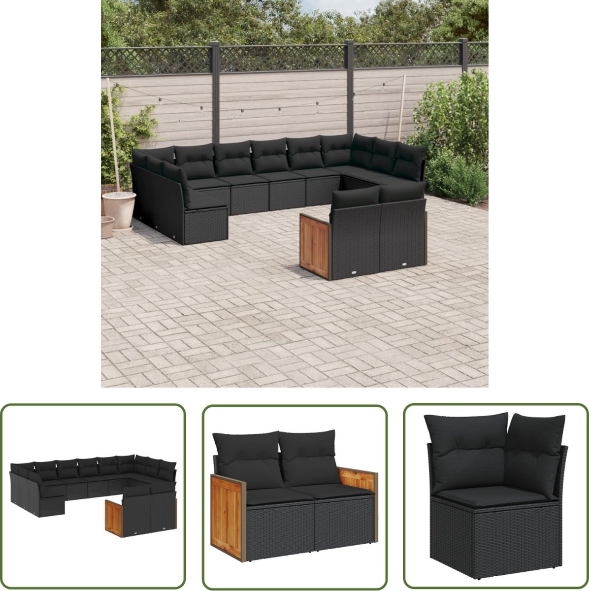 The Living Store 12-delige Loungeset met kussens poly rattan zwart - Loungeset - Tuinset - Lounge - Outdoor Furniture - Garden Furniture