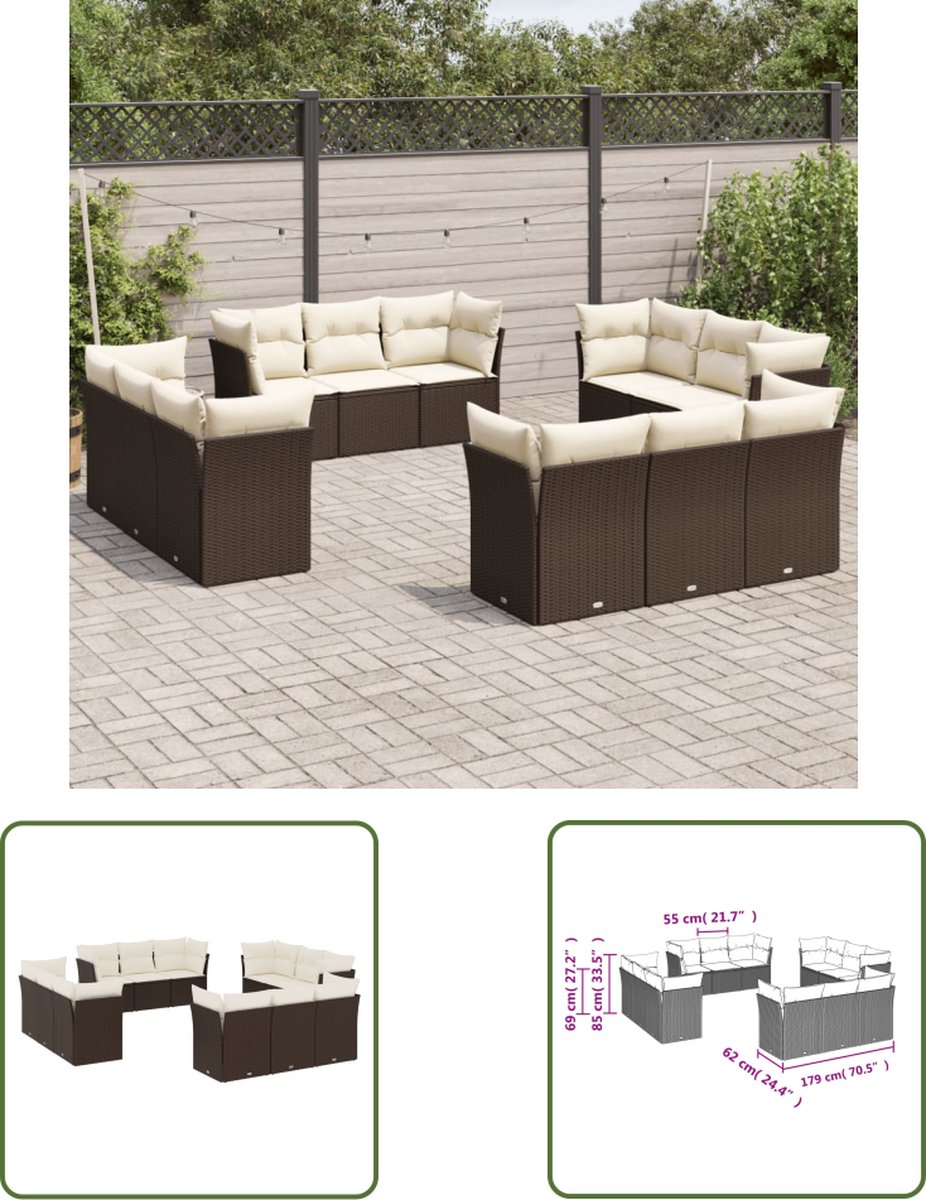 The Living Store 12-delige Loungeset met kussens poly rattan bruin - Loungeset - Tuinset - Loungebank - Buitendecoratie - Garden Furniture