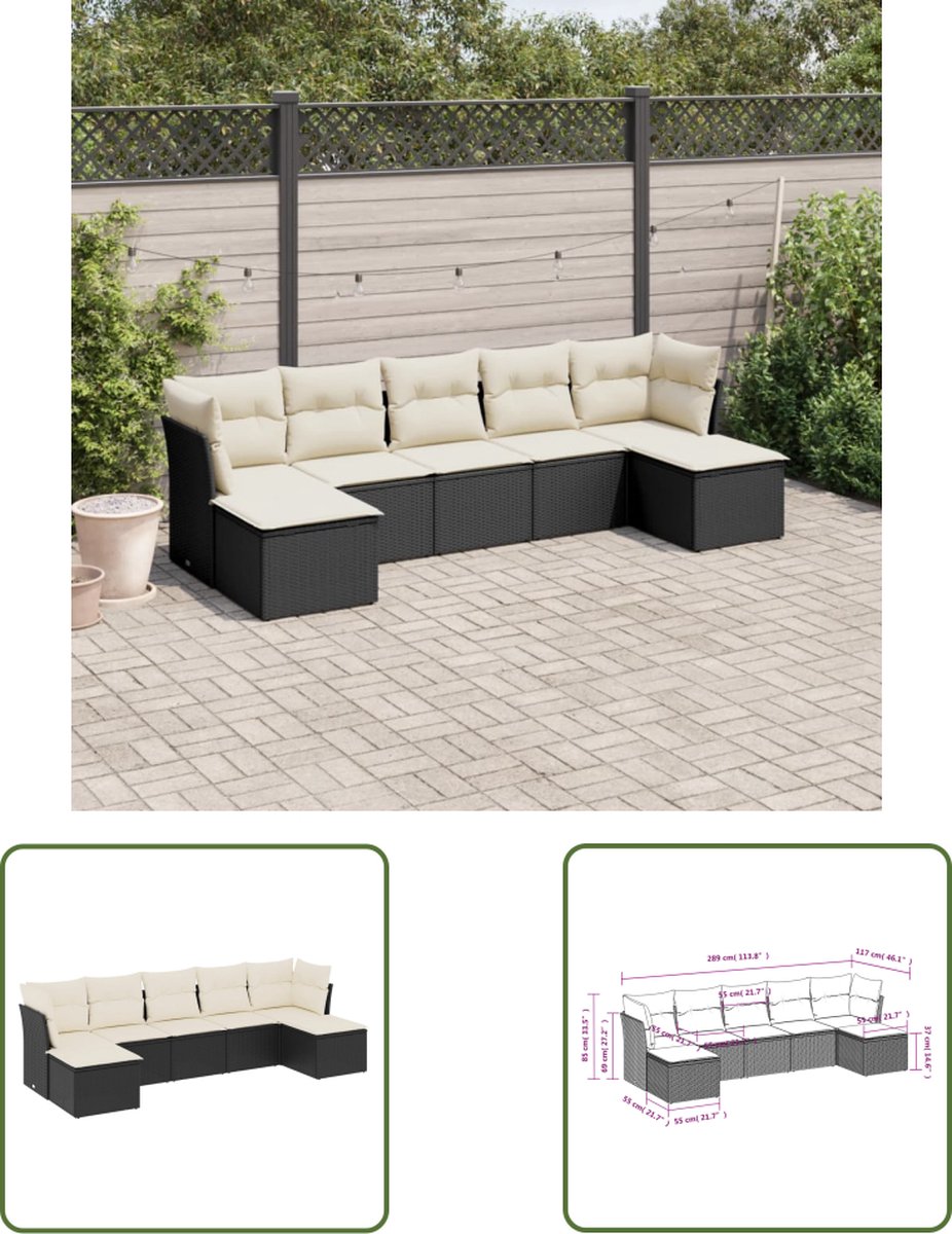 Zwarte poly rattan loungeset met kussens voor buiten - The Living Store