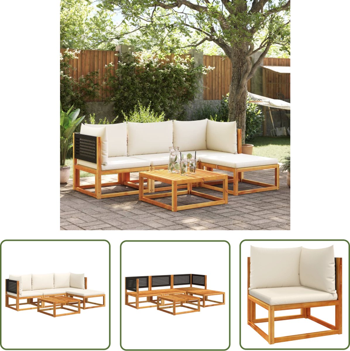 5-delige Loungeset van massief acaciahout met kussens in tuinsetting.