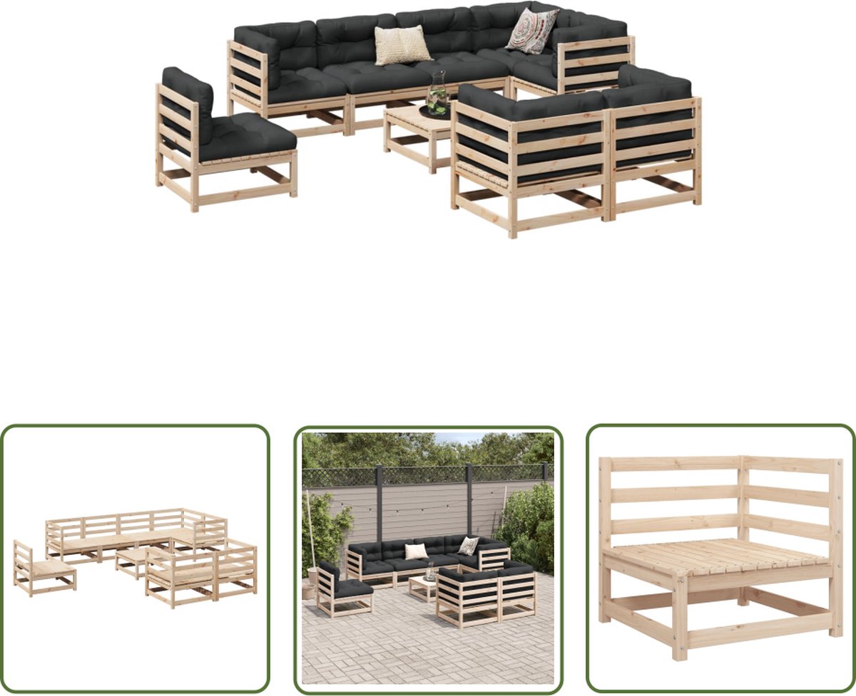 The Living Store 9-delige Loungeset massief grenenhout - Loungebank - Tuinset - Houten Bank - Tuinmeubles - Buitendining