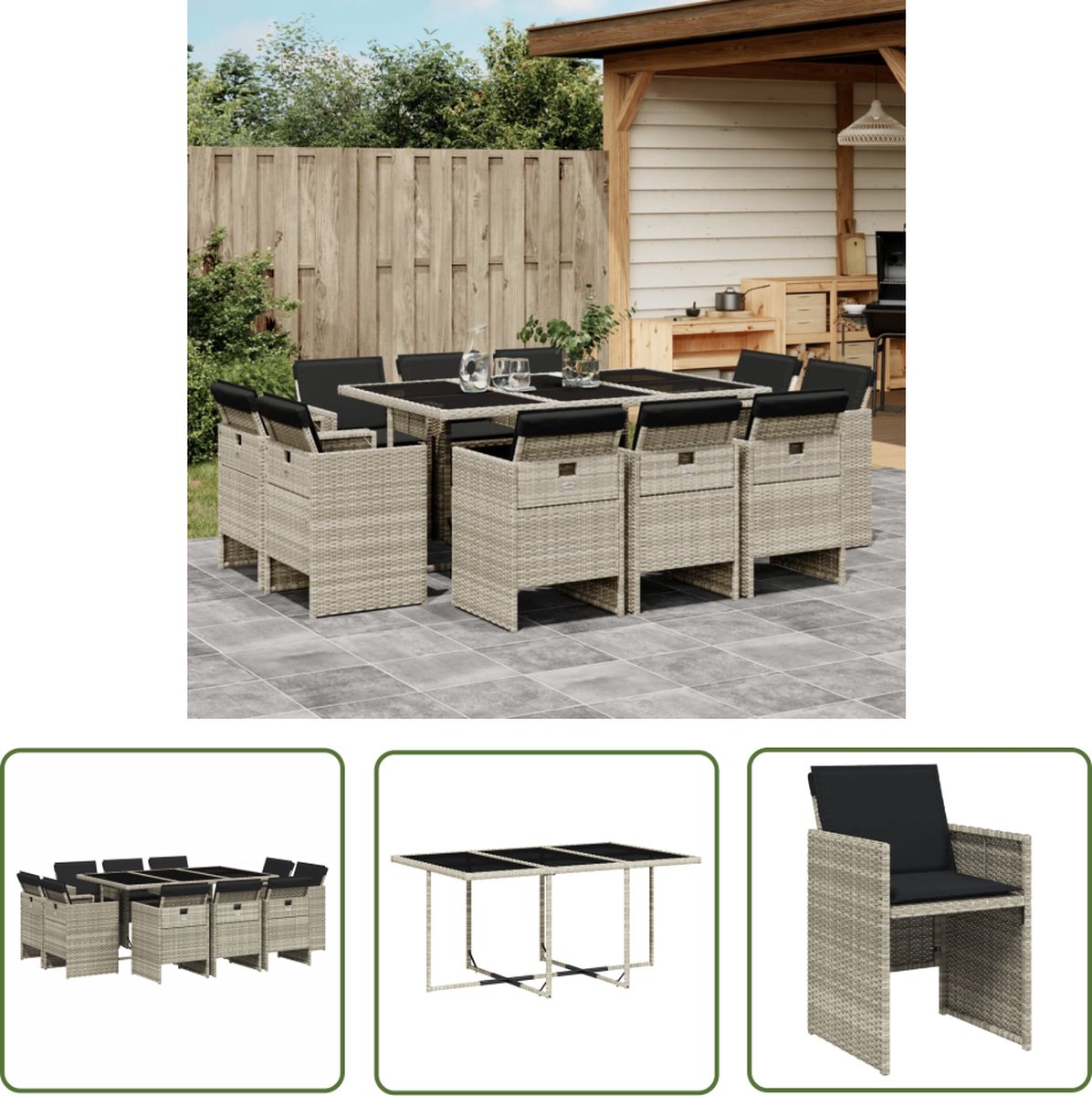 The Living Store 11-delige Tuinset met kussens poly rattan lichtgrijs - Tuinset - Lounge Set - Buitendecoratie - PE-rattan - Outdoor Furniture