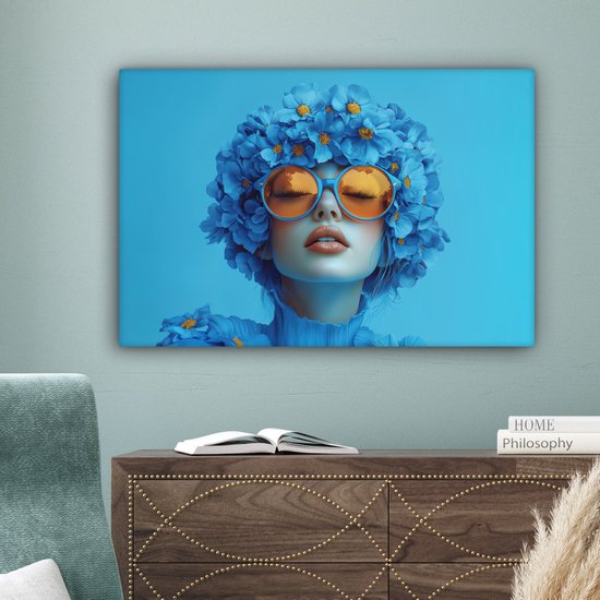 Canvas schilderij 90x60 cm - Wanddecoratie Vrouw - Bloem - Blauw - Modern - Bril - Portret - Muurdecoratie woonkamer - Slaapkamer decoratie - Kamer accessoires - Schilderijen op canvas