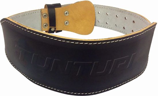 Zwarte leren halterriem van Tunturi met witte stiksels en logo opdruk.