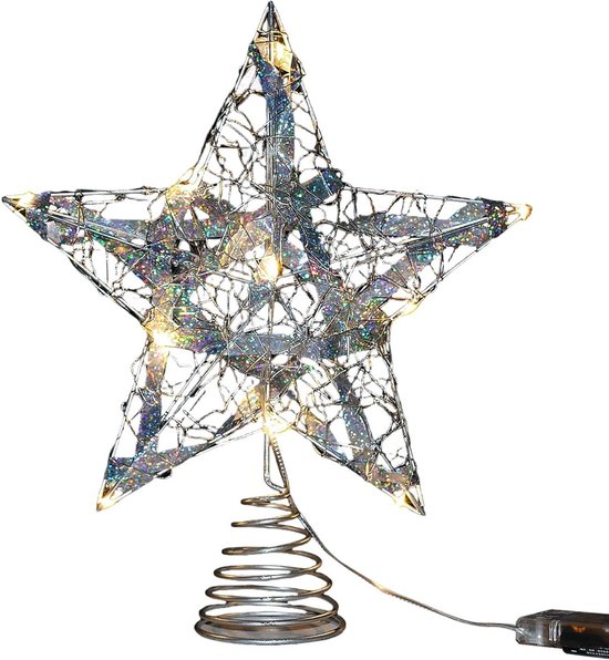 Kerstboomtopper LED-licht ster batterij kerstboom decoratie - glinsterende ster vakantiefeest - zilver 20 x 25 cm