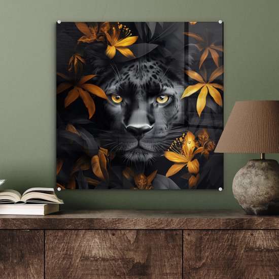 MuchoWow® Peinture sur verre 50x50 cm - Peinture sur verre acrylique - Panthère noire - Fleurs - Or - Nature - Félin - Photo sur verre - Décoration murale salon - Décoration murale chambre - Peintures