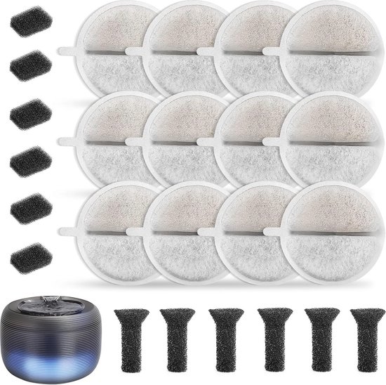 PEAKTOP 24 stuks kattenfonteinfilter, compatibel met PLWF105/PLWF115/PLWF005, filter voor kattenfontein met viervoudig filtersysteem, drinkfonteinfilter voor katten, 12 filters en 12 sponzen