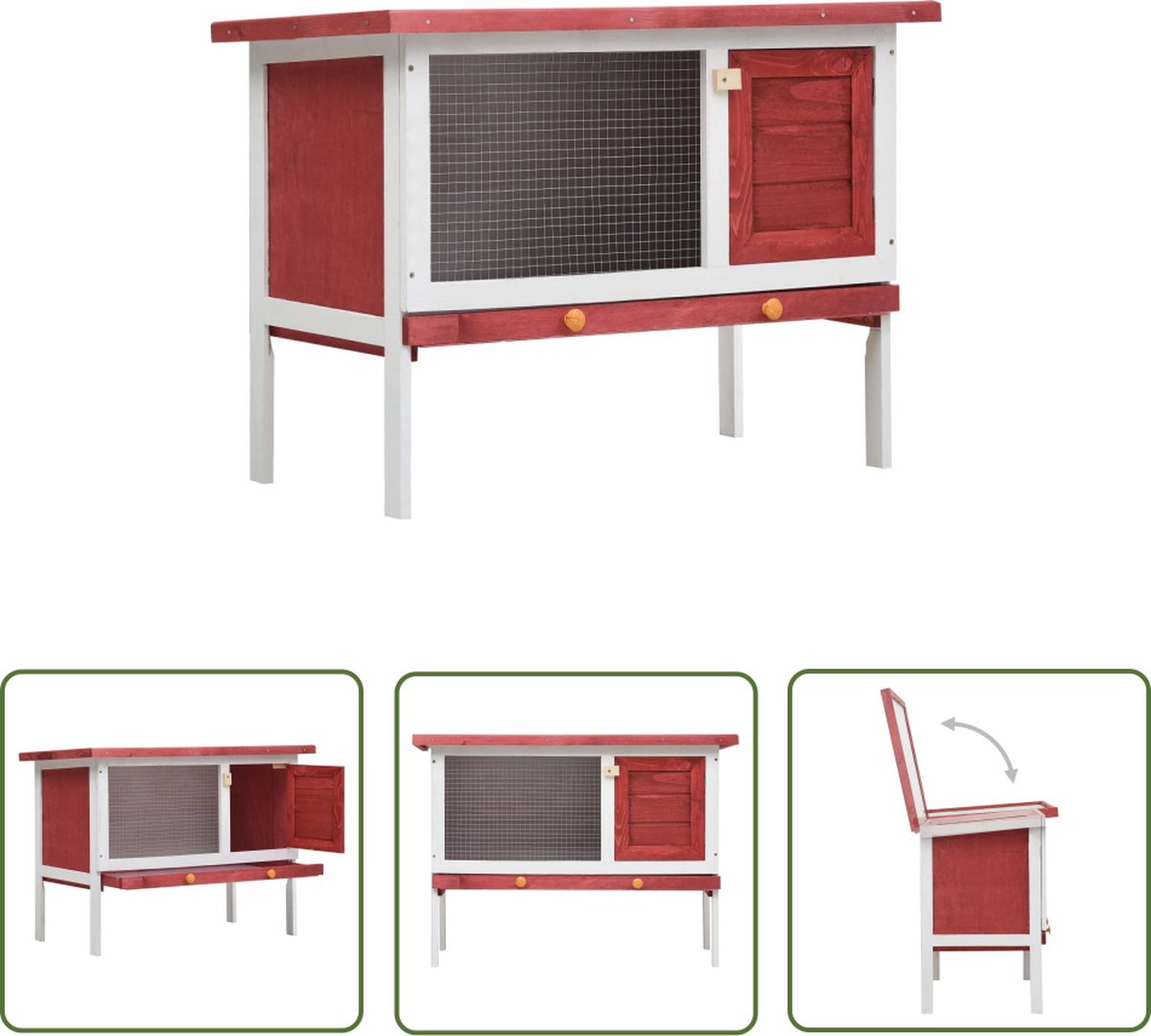 vidaXL Konijnenverblijf – Konijnenhok – Konijnenhok voor buiten met 1 verdieping hout rood – Buitennestkast – Houthak – Dierverblijf