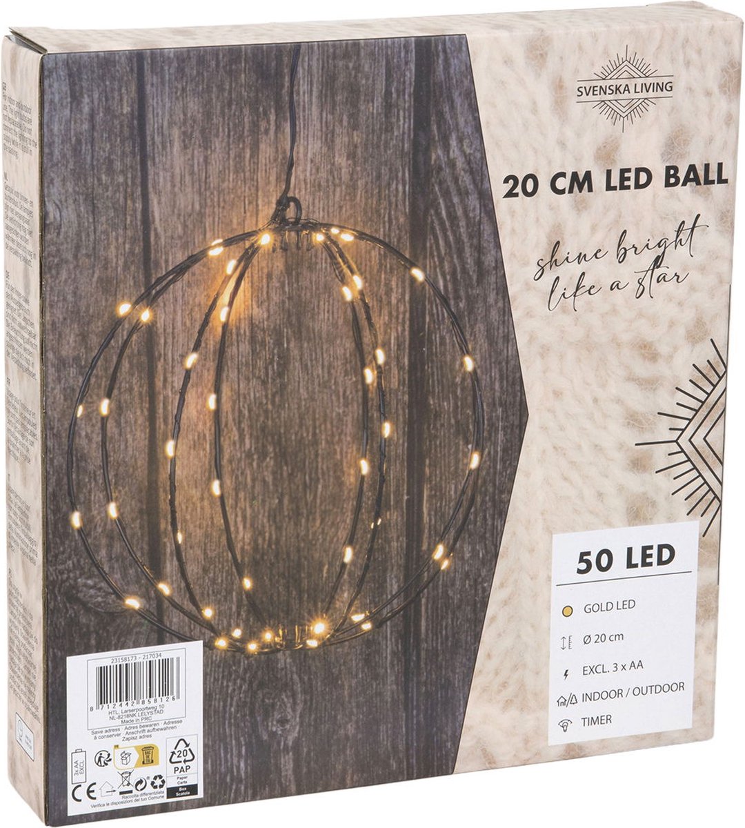 Hit - Bol zwart 20 cm 50LED timer ip44 b/o 3xAA