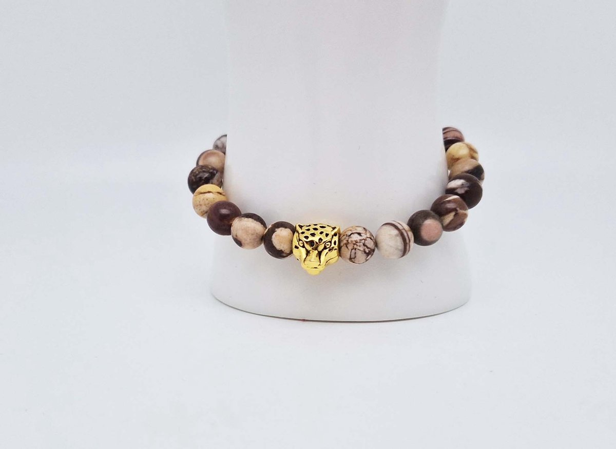 Handgemaakte natuursteen armband met Metalen vorm - Model 2 - "Australia zebra jasper" -8 mm diameter van de korrel- Diameter armband 20 cm - Een mooi cadeau voor familie en vrienden