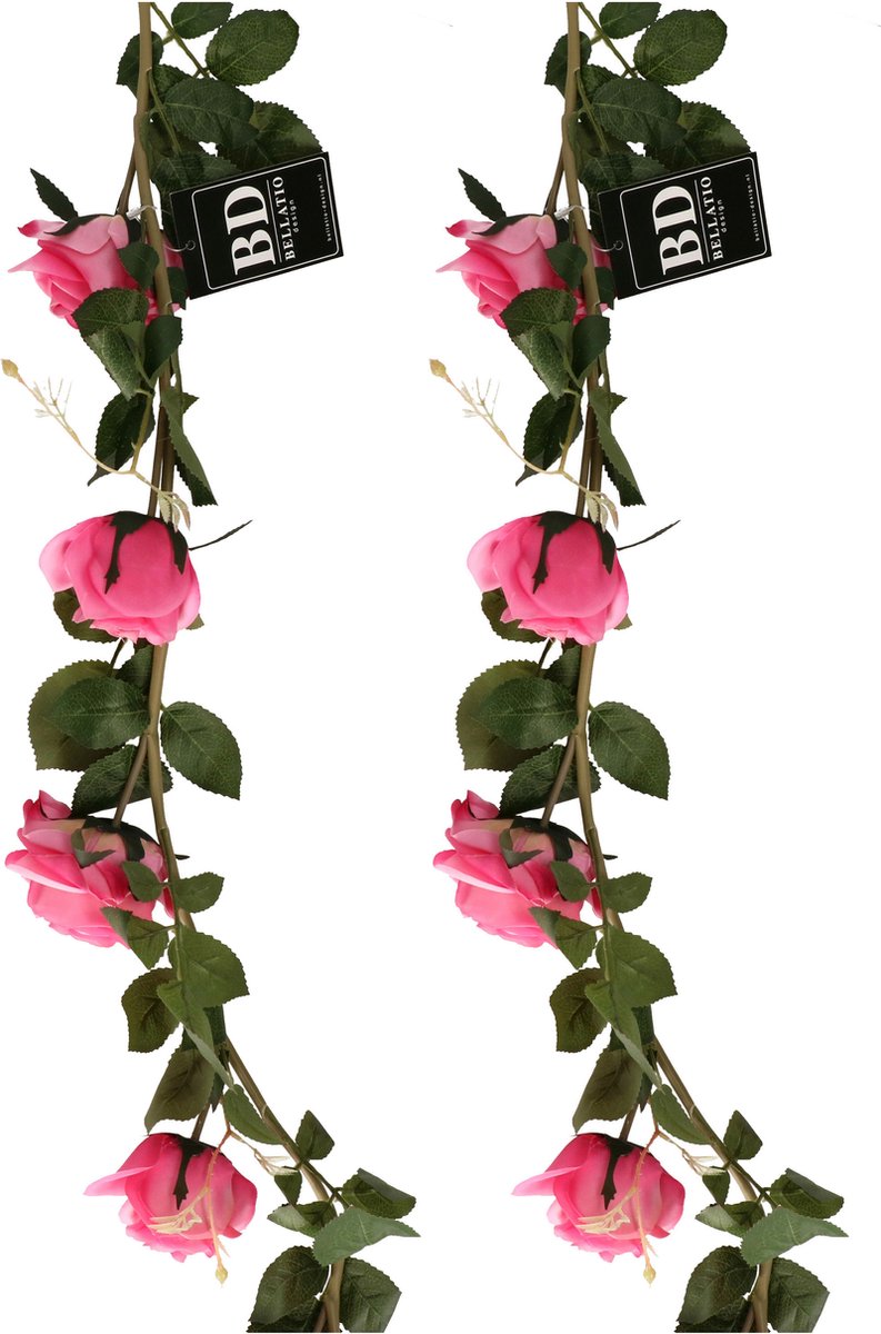 Bellatio Design Kunstbloem slinger rozen - 2x - 145 cm - roze - bruiloft versiering - guirlande - decoratie