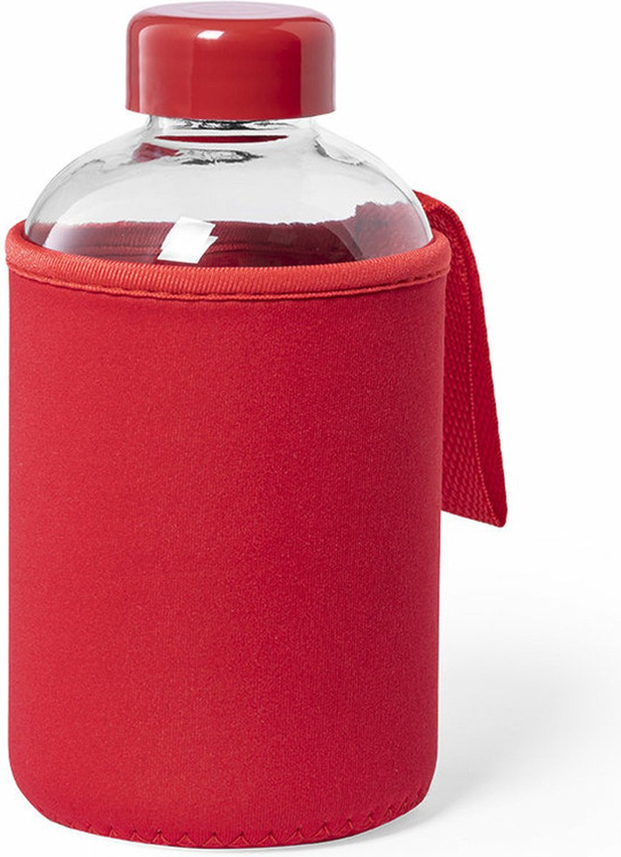 Glazen waterfles/drinkfles met rode softshell bescherm hoes 600 ml - Sportfles - Bidon