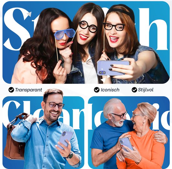 Trois jeunes adultes prennent un selfie avec une coque de téléphone violette, avec des accessoires comme des lunettes et des rayures.