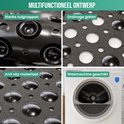 Montage van vier afbeeldingen: sterke zuignappen, drainagegaten, antislip materiaal en een wasmachine.