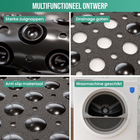 Montage van vier afbeeldingen: sterke zuignappen, drainagegaten, antislip materiaal en een wasmachine.
