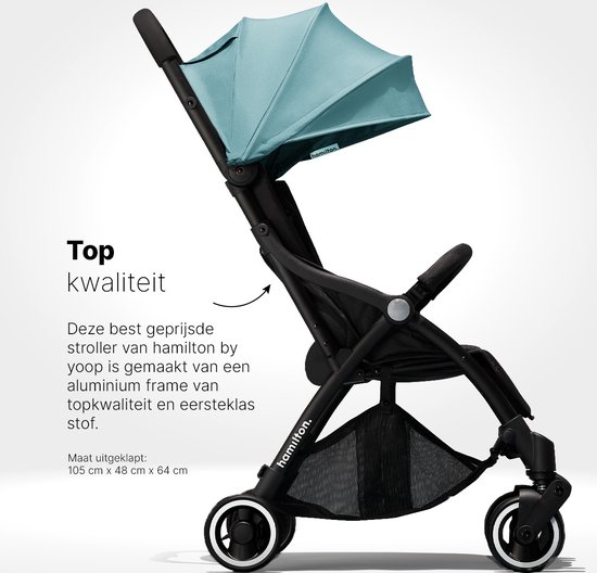 Zijaanzicht van een lichtgroene Hamilton by Yoop buggy met zwart frame, topkwaliteit.