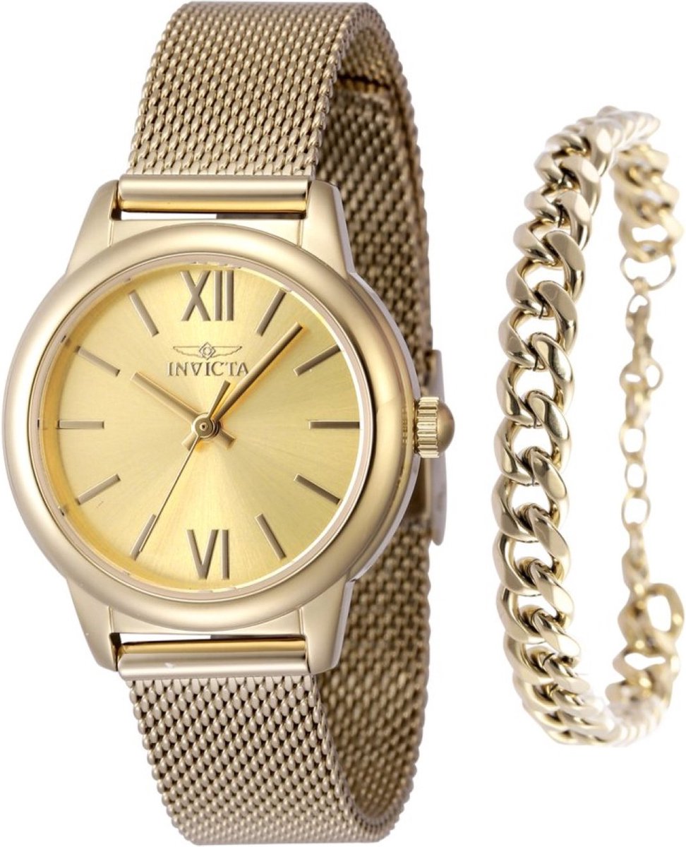 Invicta Angel 48250 Dames Horloge - Waterdicht - Analoog - Quartz Uurwerk - Roestvrij Staal met gouden Wijzerplaat - 30mm