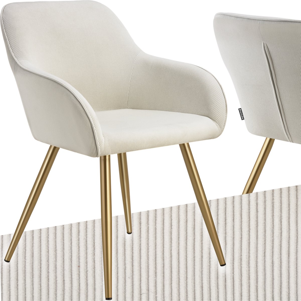 Tectake Eetkamerstoel Marilyn - Gestoffeerde Stoel met Koordlook/ribstof - Gouden Stoelpoten - Ergonomische Keukenstoel - Stoel voor Eetkamer, Woonkamer, Slaapkamer - Creme creme goud