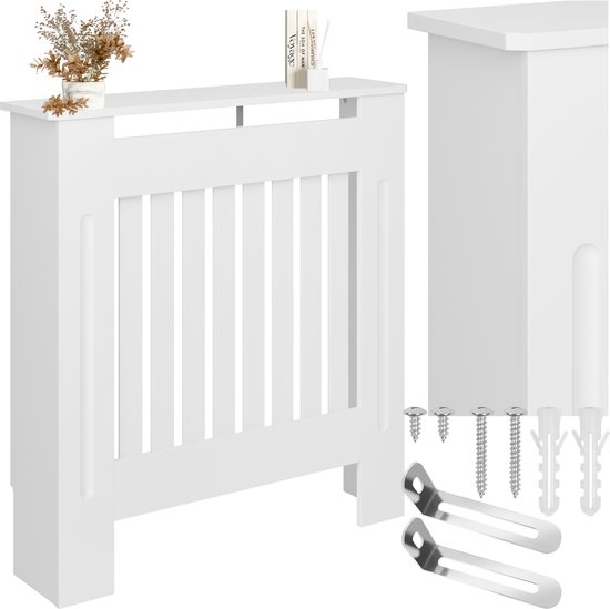 Wit radiatorpaneel met lamellenontwerp, inclusief montageaccessoires.