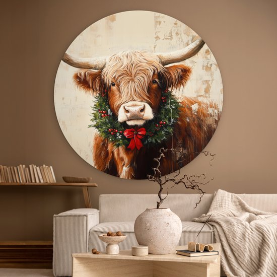 WallCircle® Cercle mural 140x140 cm - Cercle mural de Noël - Highlander écossais - Marron - Couronne - Décoration murale murale salon - Décoration murale chambre - Accessoires de décoration de chambre - Tableaux ronds