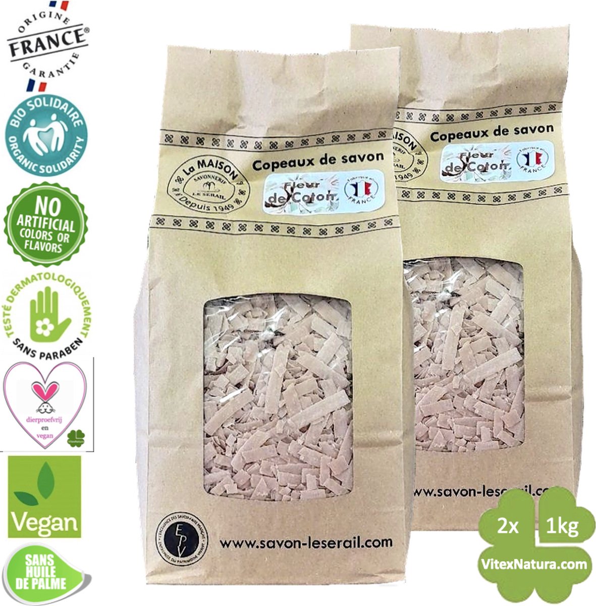 Goedkoopste Marseille zeepvlokken katoenbloesem | 2x 1kg | Zuinig Ecologisch Milieuvriendelijk Hypoallergeen | Zonder conserveermiddel Zonder kleur | Le Serail