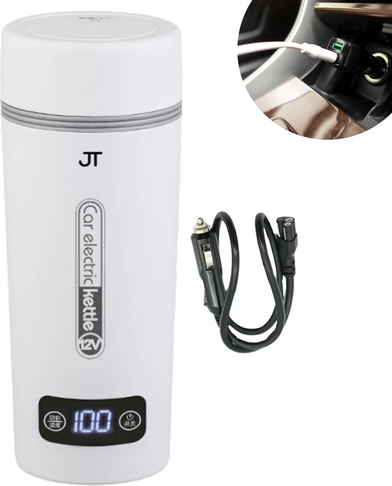 JT Products Draagbare Auto Waterkoker Wit- 350mL - 3-in1 Design - Temperatuurregulatie - Mini Waterkoker - Reis Waterkoker - Smart Waterkoker - Portable Waterkoker