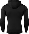 Arrière d'un sweat à capuche noir à manches longues avec un passepoil blanc sur la fermeture éclair.