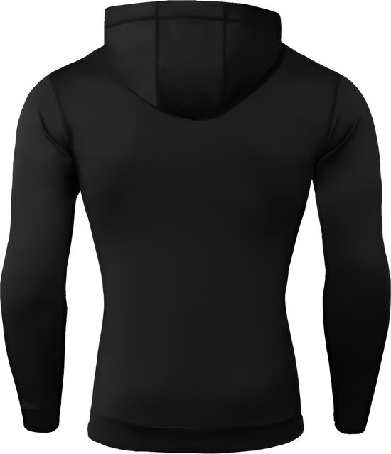 Arrière d'un sweat à capuche noir à manches longues avec un passepoil blanc sur la fermeture éclair.