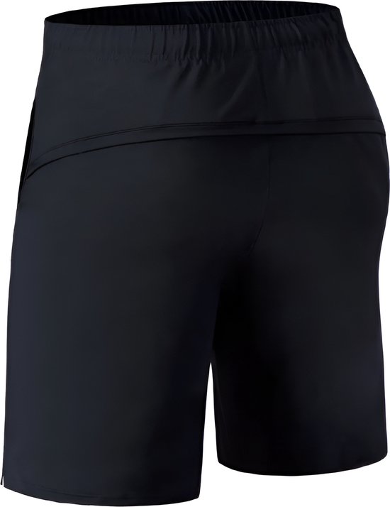 Arrière d'un short de sport noir avec une ceinture élastique.