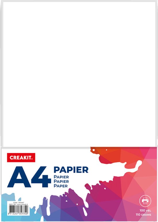 Papier CREAKIT. A4, 100 feuilles, 110 grammes, avec des éclaboussures de peinture abstraites colorées sur l'emballage.