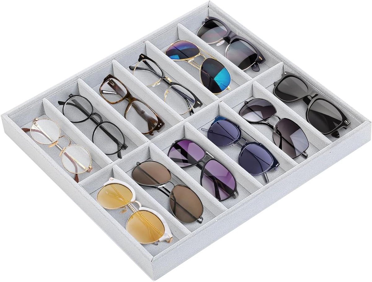 Opbergbox voor zonnebrillen - organizer met 12 vakken - opbergdienblad 38 x 36 x 37 cm - bril- en horlogehouder - stapelbaar sieradendienblad - interne scheidingswanden - presentatiehouder