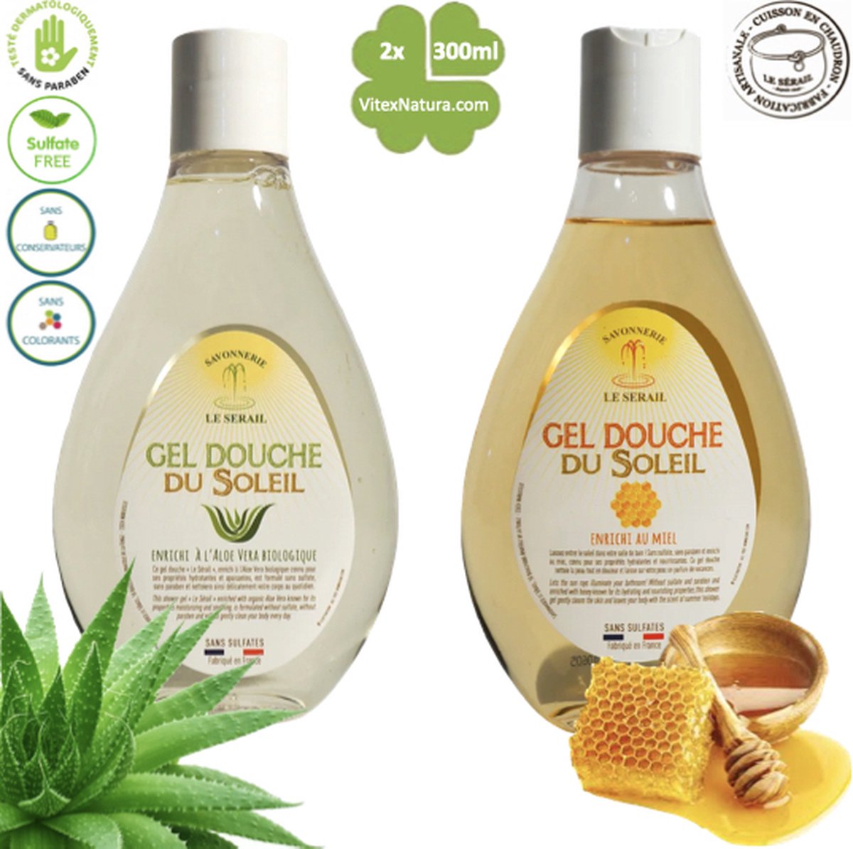 Sulfaatvrije douchegel | 2x 300ml | Honing & biologische Aloë vera | Le Sérail | Franse Marseillezeep Ambacht
