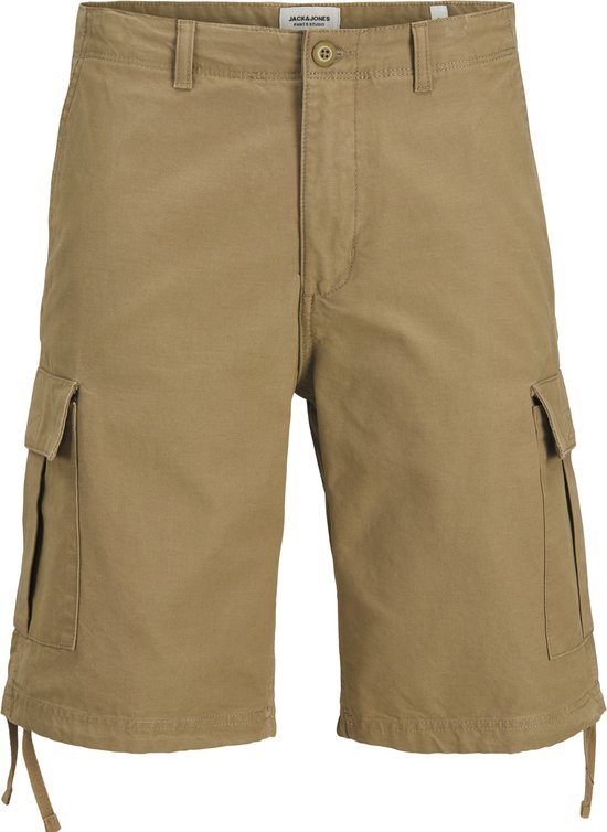 Beige cargo short met knoopsluiting, zijvakken met klep en aantrekkoord aan de zoom.