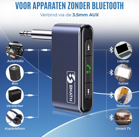 Smath Bluetooth Receiver - Ontvanger - BT5.0 - Bluetooth Transmitter Receiver - Handsfree Bellen Auto - 3.5mm AUX van Smath — afbeelding 5